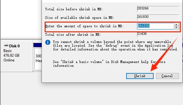 enter the number to shrink volume