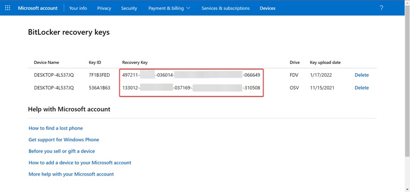 find recovery key from microsoft account