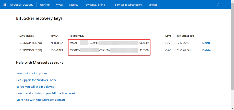 find recovery key from microsoft account