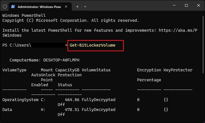 get bitlocker volume command