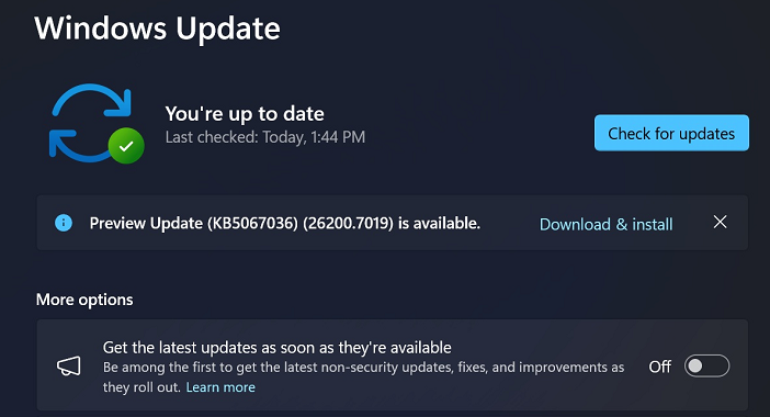 KB5067036 über Windows Update suchen