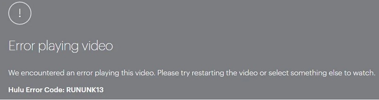 Anzeige des Hulu-Fehlercodes RUNUNK13 auf einem Bildschirm