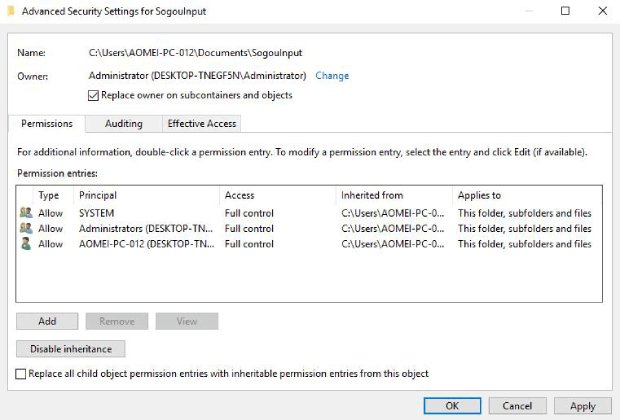 Inheritable Permissions to fix destination folder access denied
