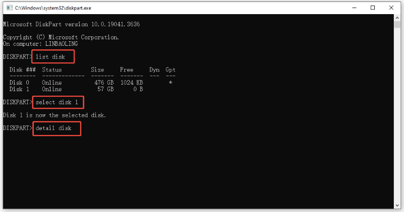 inspect the disk with diskpart