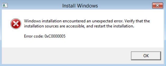 install windows error code 0xc0000005