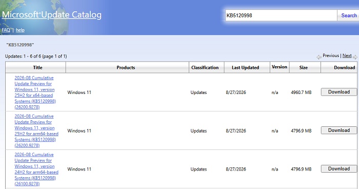 Microsoft Update Catalog에서 KB5129195 검색