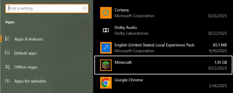 locate minecraft in windows settings