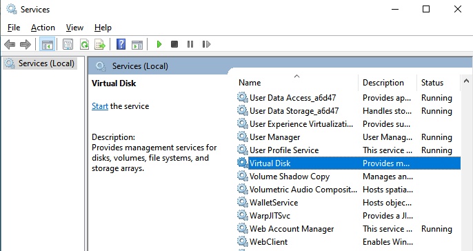 locate virtual disk in services