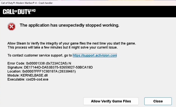 mw4 0x00001338 (0x723ac2a5) n error