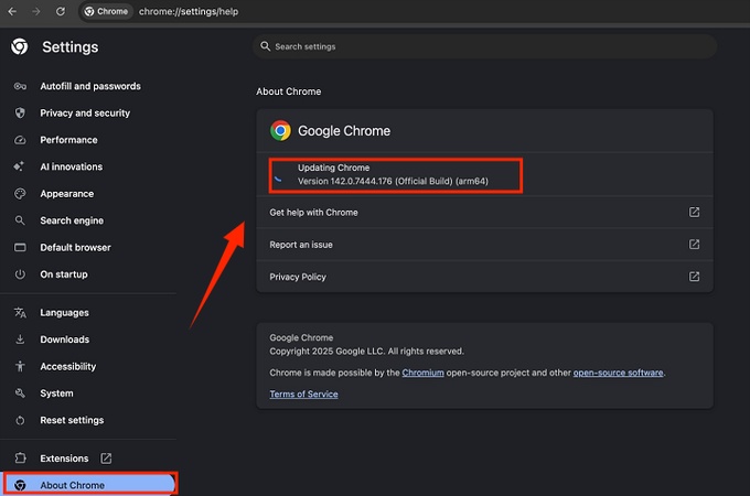 navigate to about chrome