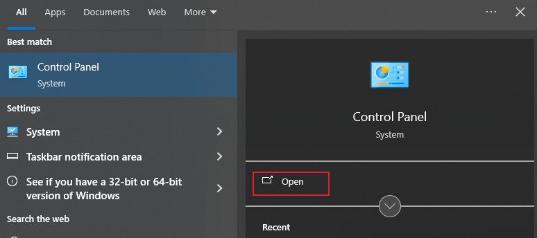 open control panel from the search bar