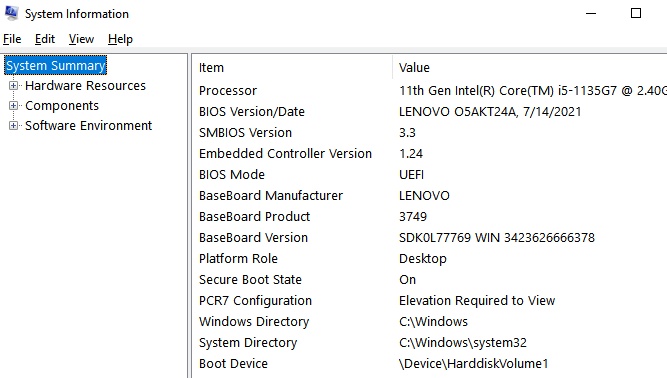 specs in system information