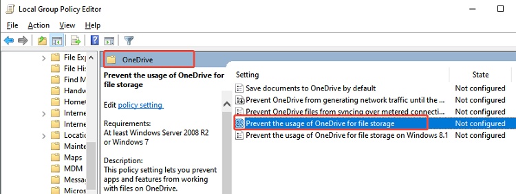 prevent the usage of onedrive for file storage