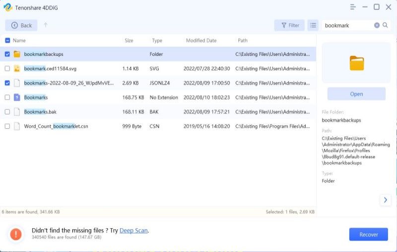 preview and recover chrome bookmarks