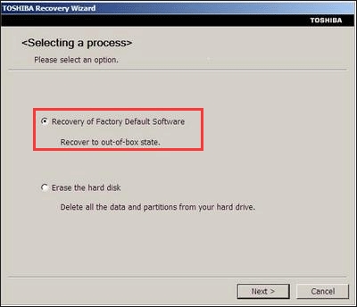 Software de restauração dos padrões de fábrica Toshiba Recovery Winzard