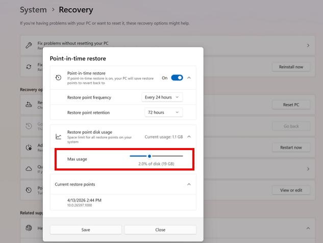 reduce the max usage of point in time restore