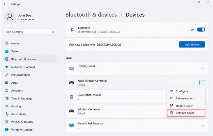remove controller in windows settings