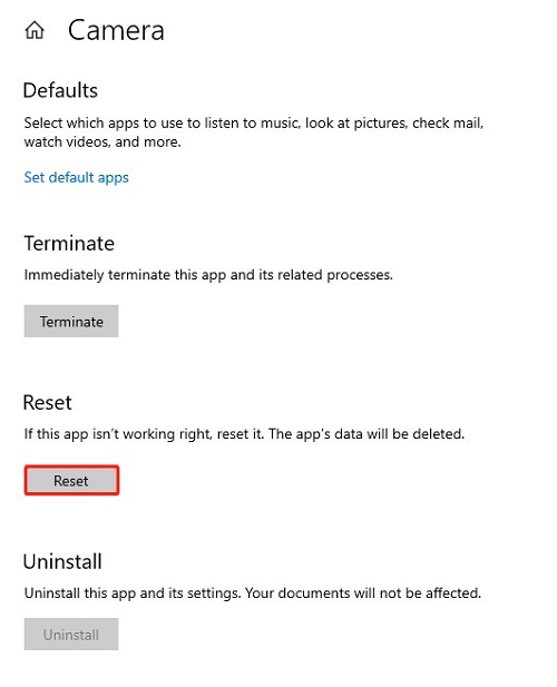 reset camera app to fix we can’t find your camera windows 11/10-step 2