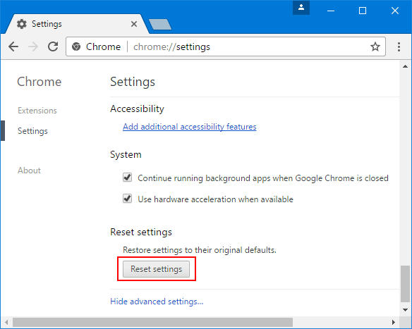 reset google chrome settings