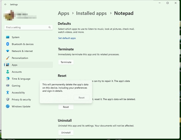 restablecer el bloc de notas desde la configuración de Windows