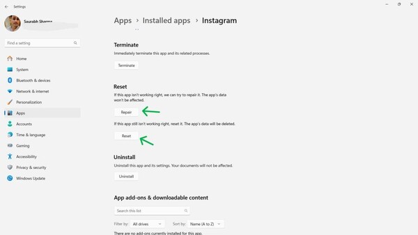 reset or repair the app