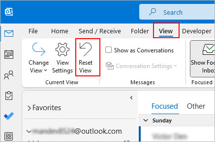 reset outlook views