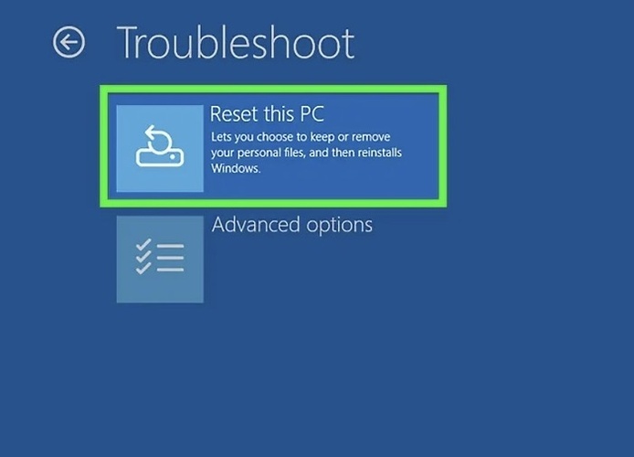 reset this pc via windows recovery environment