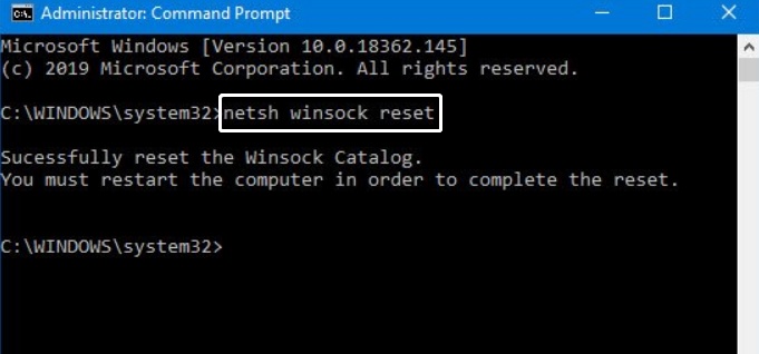 reset winsock command