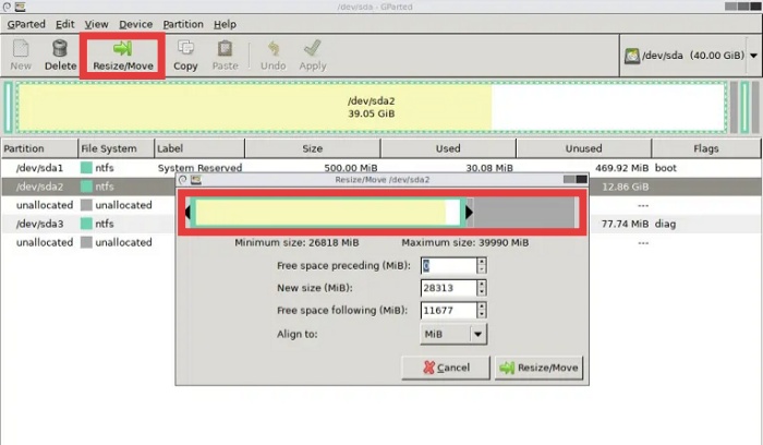 resize ubuntu partition on gparted