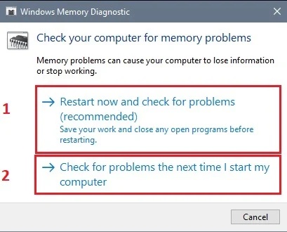 restart now and check for problems option