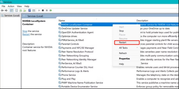 reiniciar los servicios nvidia para corregir antes de experimentar el código de error 0x0003