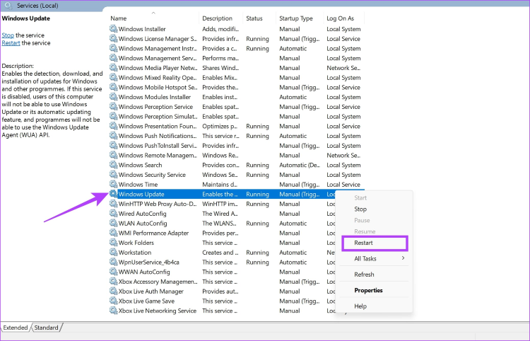 restart windows update services
