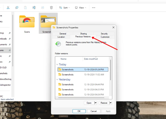 restore files from previous versions option
