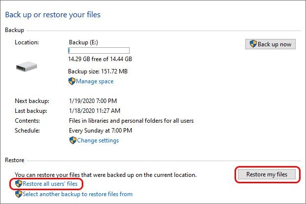 Restaurer les fichiers utilisateur à partir de la sauvegarde Windows