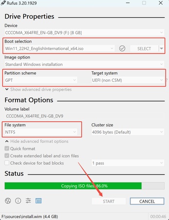 select usb and windows iso file on rufus