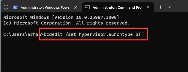 run bcdedit command to disable hyper v
