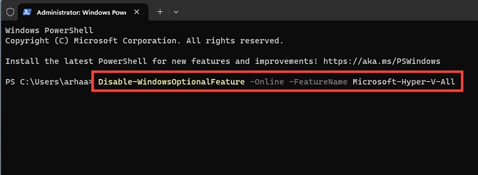 run command to disable hyper v