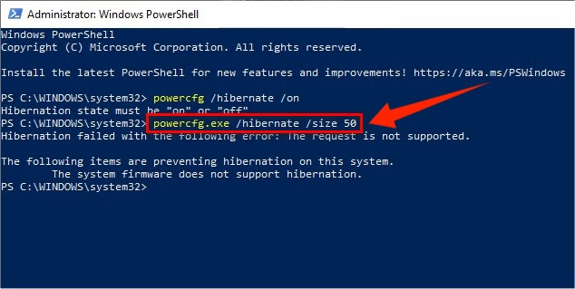 Run command to resize hiberfilsys