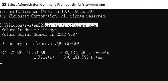 Befehl zur Suche nach der Datei winre.wim ausführen