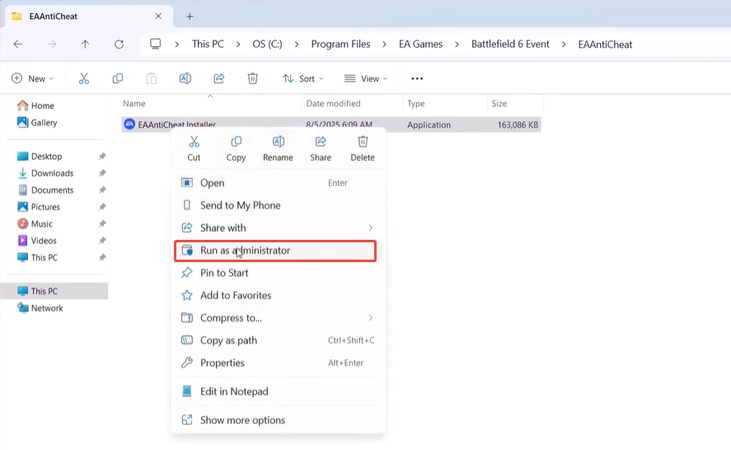 exécuter l’installateur EA AntiCheat en tant qu’administrateur