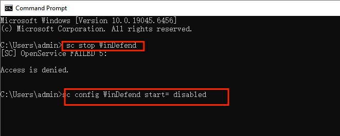 run stop windefend command