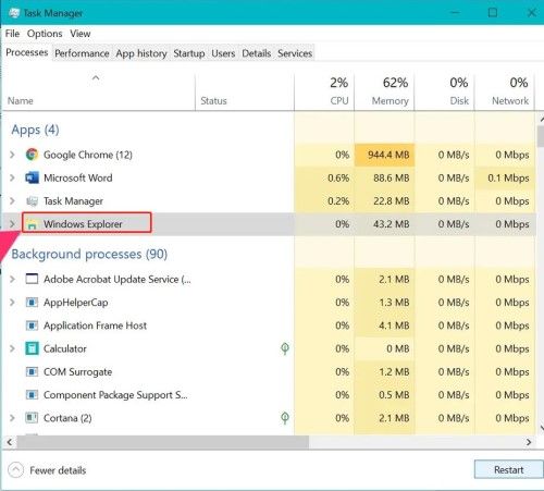 Windows Gezgini'ni tekrar çalıştırın