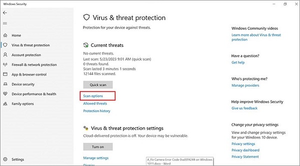 scan for-malware and virus to fix 0xa00f4244 nocamerasareattached -step 1