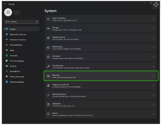 Scroll downward toward Recovery in the System menu to factory reset Windows 11