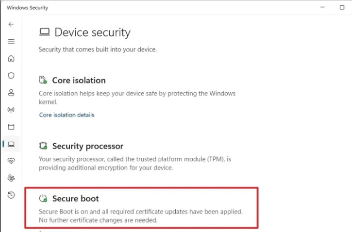 secure boot status is green