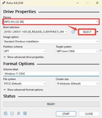 select device and win11 25h2