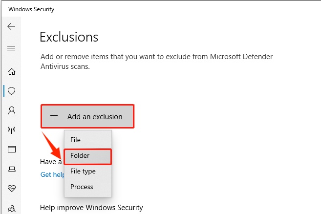 select folder under exclusions
