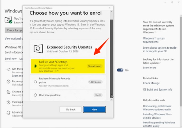 select free backup option