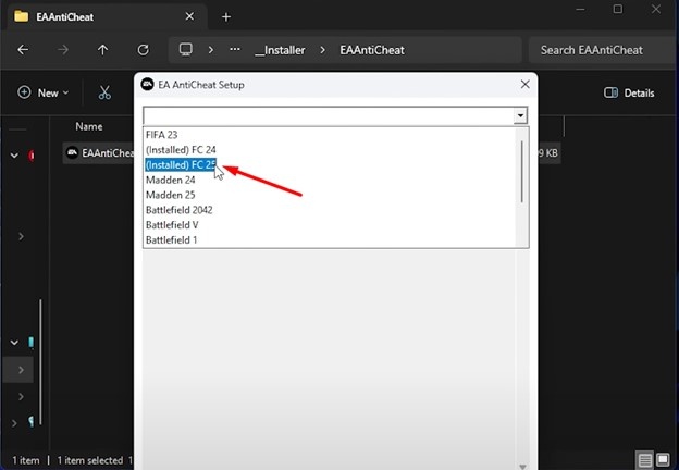 sélectionner le jeu dans l’installateur EA AntiCheat