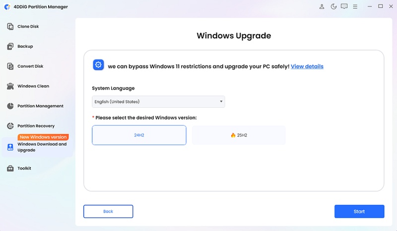 select language and 24h2 version